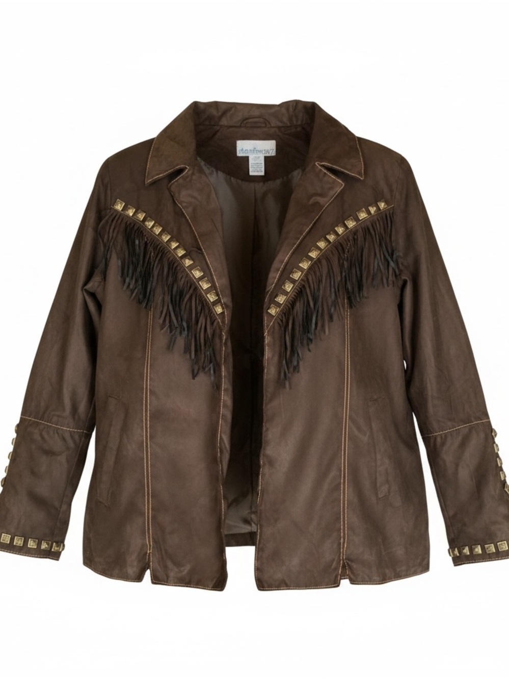 Denim 24/7 Brown Leather Fringe Jacket with Stud Trim